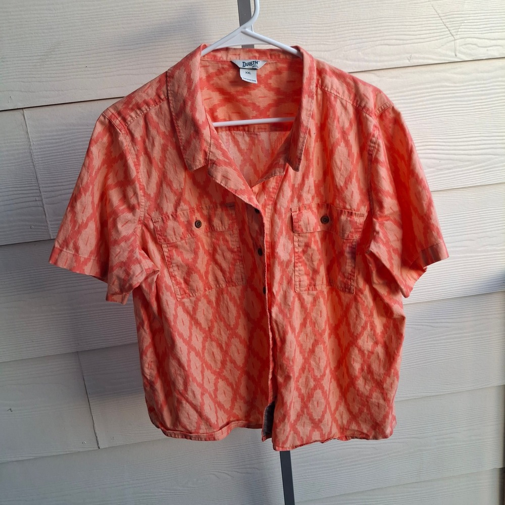 Duluth Trading‎ Co XXL Orange Ikat Hemp Organic Cotton Button Up Shirt